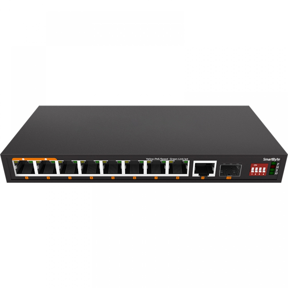 8*10/100Base-TX PoE downlink, 1 or 2*Gigabit SFP/RJ45 uplink Enhanced Function Unmanaged PoE Switches Max 800m Long Distance Series