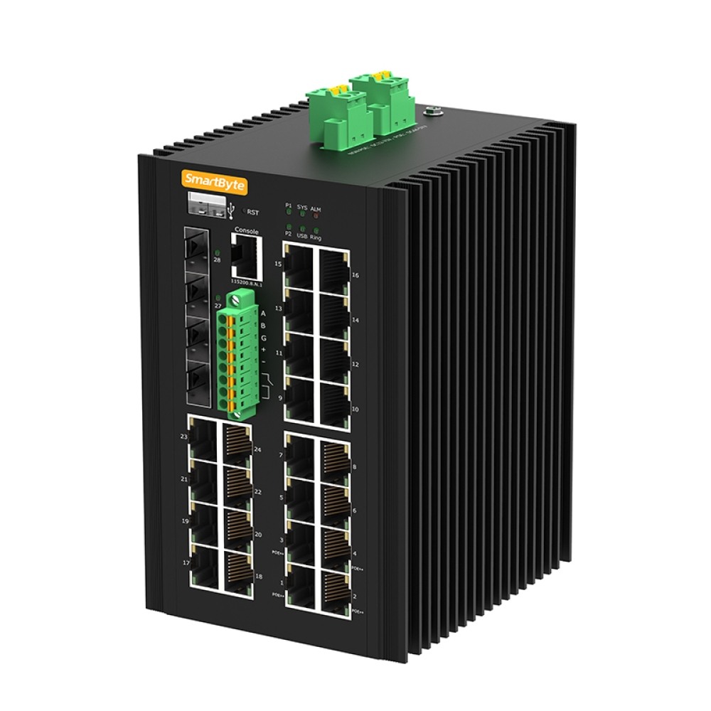 24*10/100/1000Base-T PoE + 4*1G/2.5G/10GBase-X SFP+ Layer 2+ Managed Industrial PoE Switch